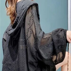 Cute black embroidered sheer cover up long sleeve with hood, S